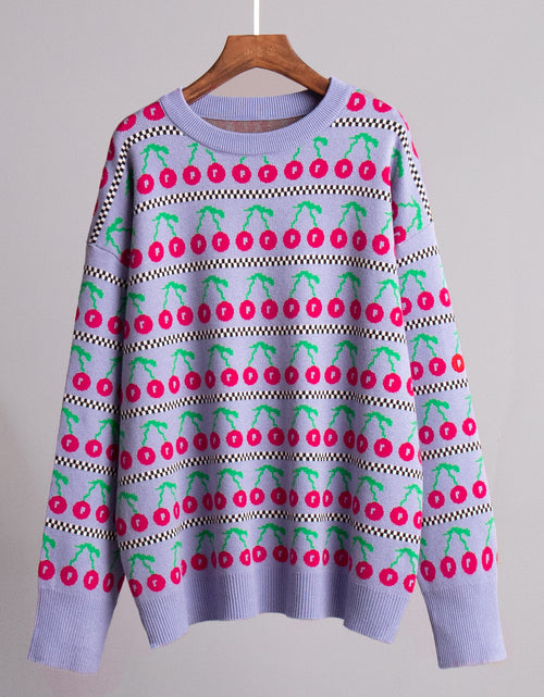 Load image into Gallery viewer, Round Neck Cherry Sweater Mid-length Retro
