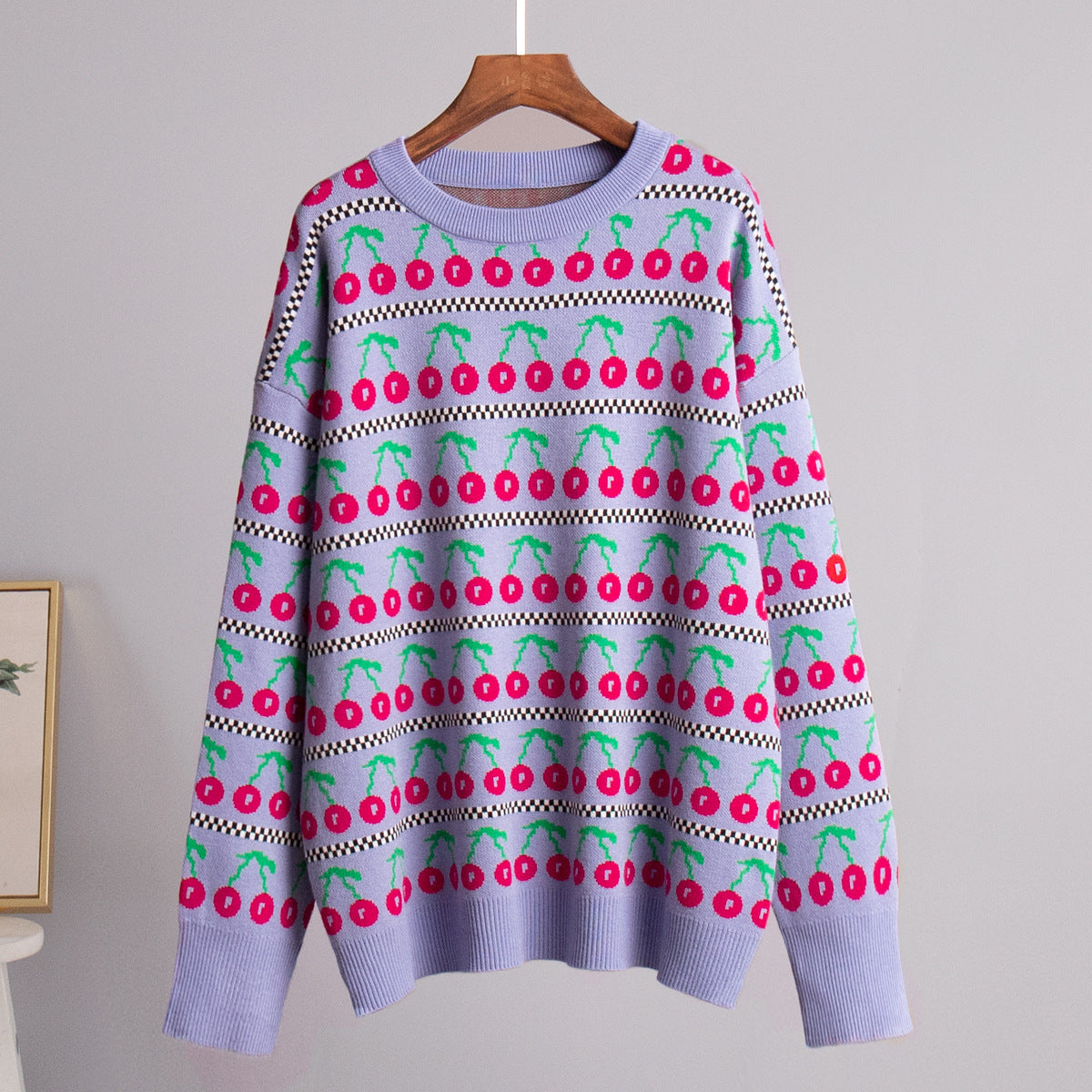 Round Neck Cherry Sweater Mid-length Retro