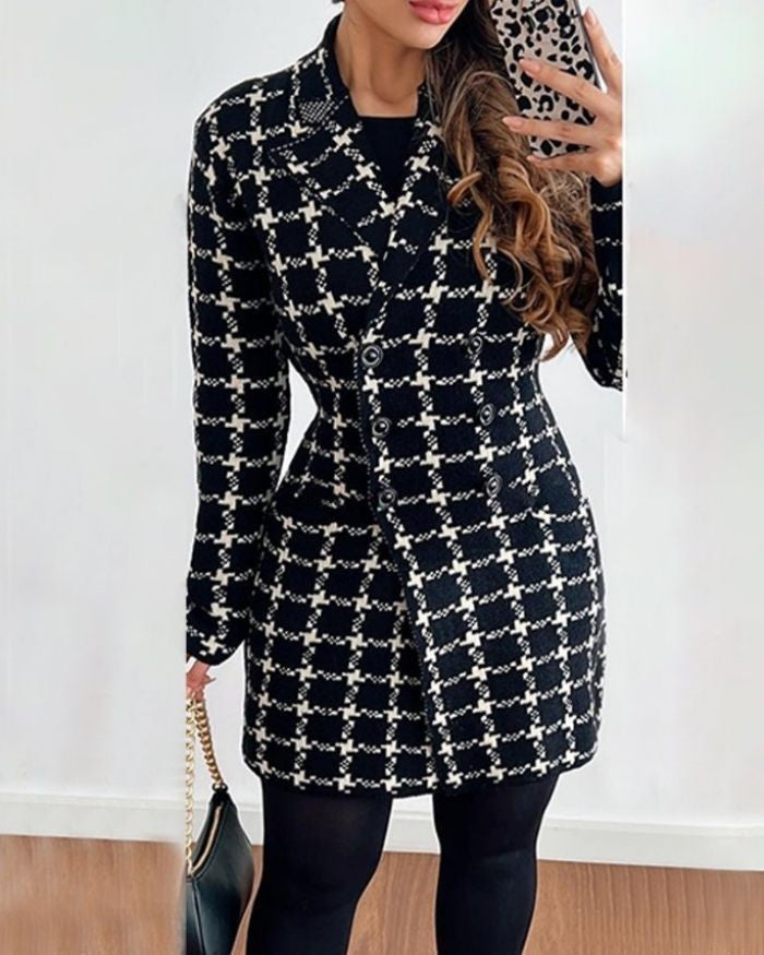 Women's Long-sleeved Double-breasted Suit Collar Printed Coat