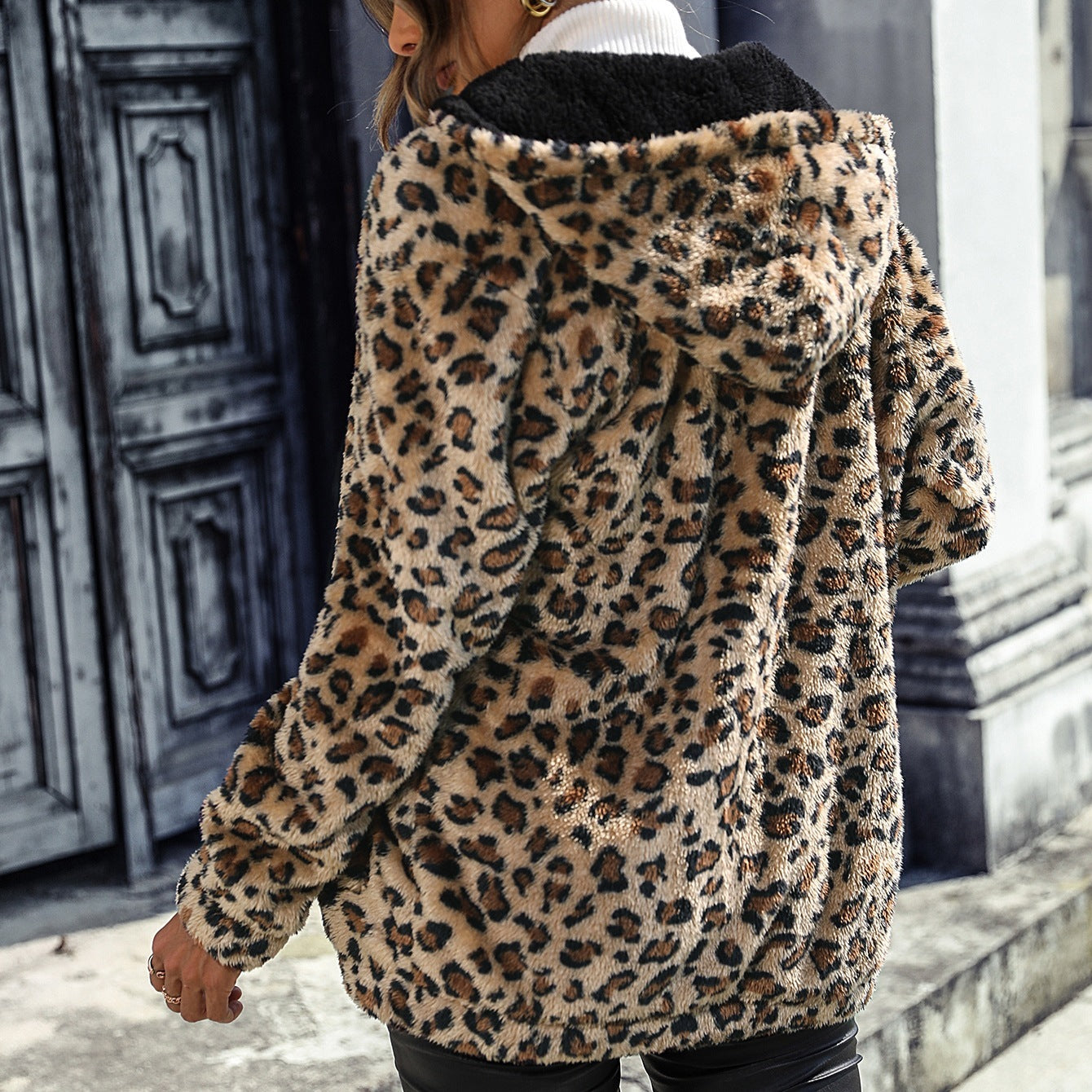 Women's Hooded Long Sleeve Leopard Print Double-sided Velvet Loose Casual Jacket