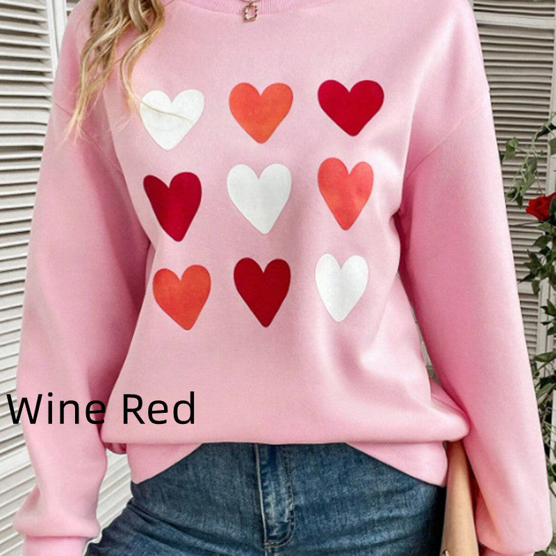 3 Rows Of Heart-shaped Color Pattern Printed Sweater