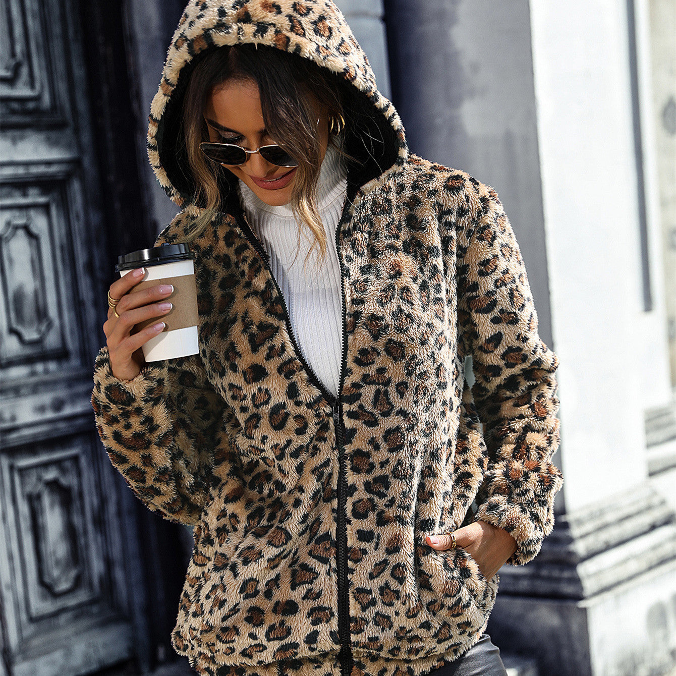 Women's Hooded Long Sleeve Leopard Print Double-sided Velvet Loose Casual Jacket