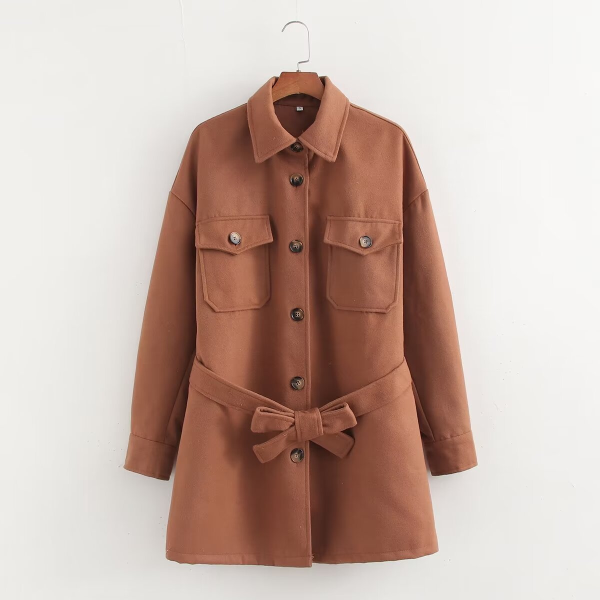 European And American Solid Color Shirt Belt Woolen Coat