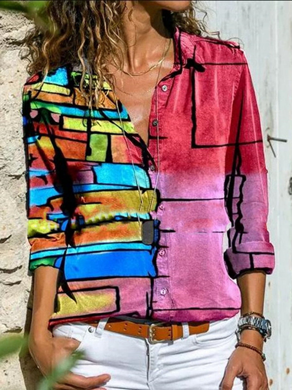 Women's Printed Geometric Shirt Without Chest Pocket