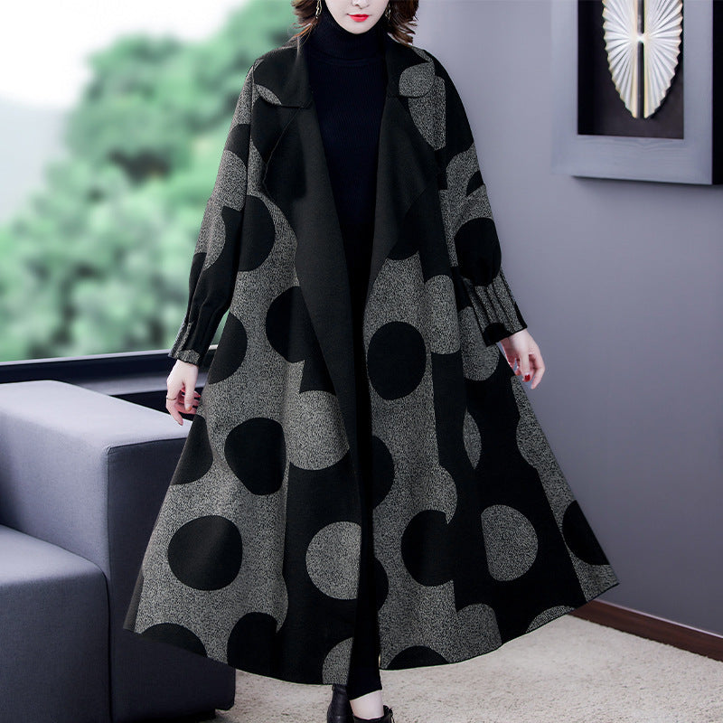 Loose Slimming Mid-length Large Lapel Polka Dot Coat For Women