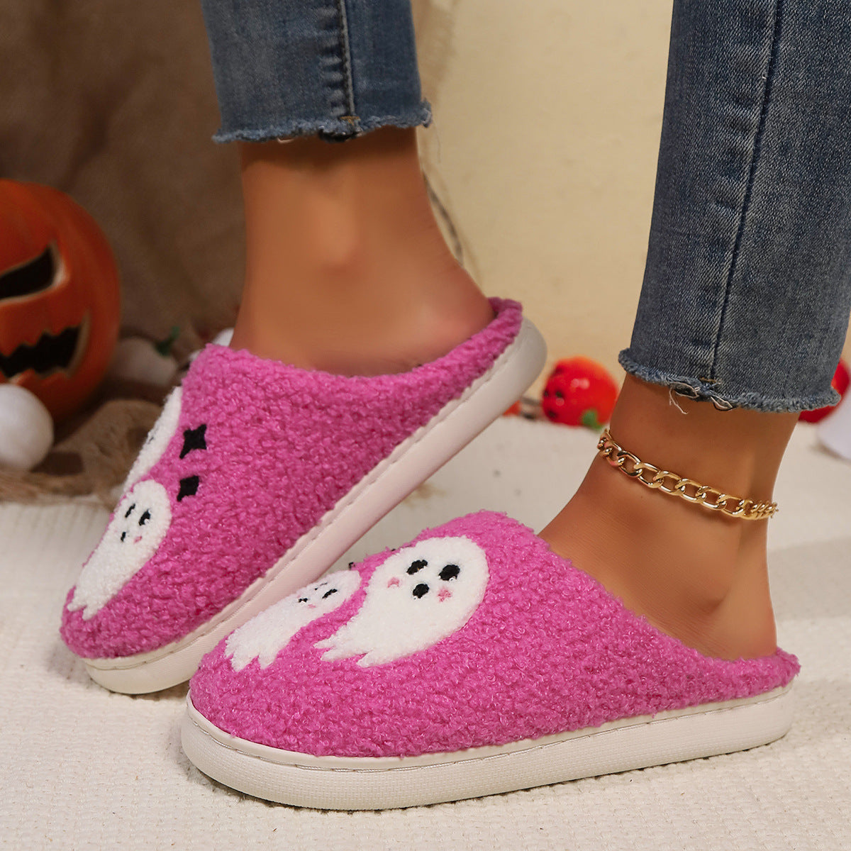 Halloween Cartoon Ghost Cotton Slippers For Women Indoor Non-slip Bedroom Floor Slipper Winter House Shoes