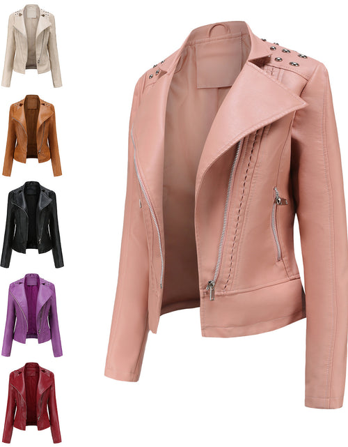 Load image into Gallery viewer, Beaded Leather Women&#39;s Long-sleeved Fashion Jacket Lapel Motorcycle Clothing Thin Women&#39;s Jacket
