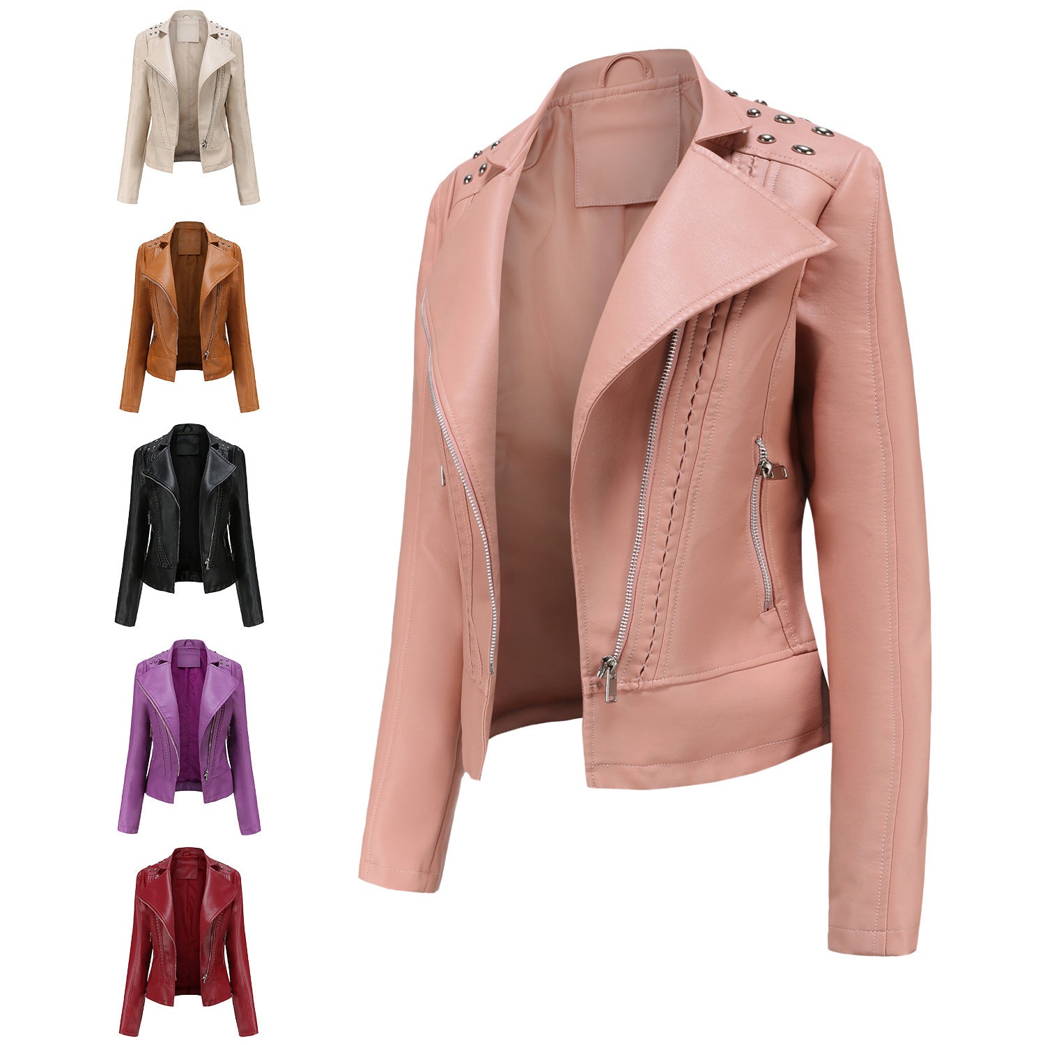 Beaded Leather Women's Long-sleeved Fashion Jacket Lapel Motorcycle Clothing Thin Women's Jacket