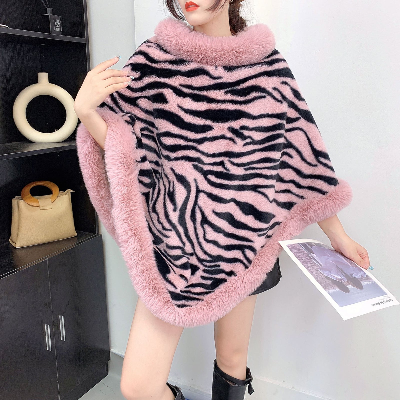 Autumn And Winter New Lazy Wind Inverness Women's Mid-length Imitation Rex Rabbit Fur Pullover Cloak