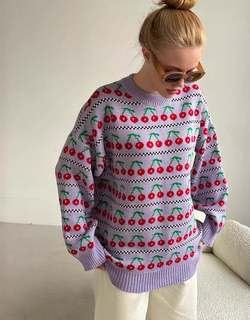 Load image into Gallery viewer, Round Neck Cherry Sweater Mid-length Retro
