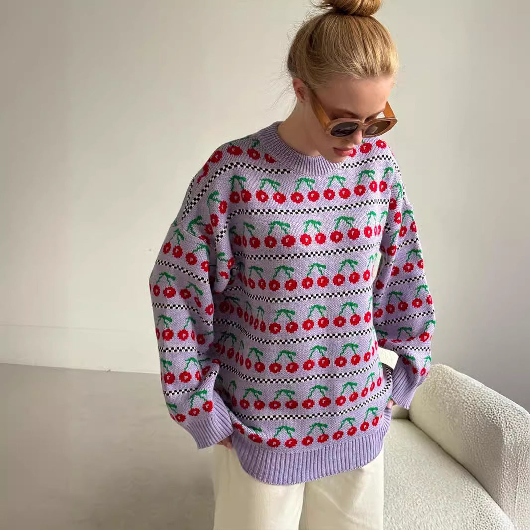 Round Neck Cherry Sweater Mid-length Retro