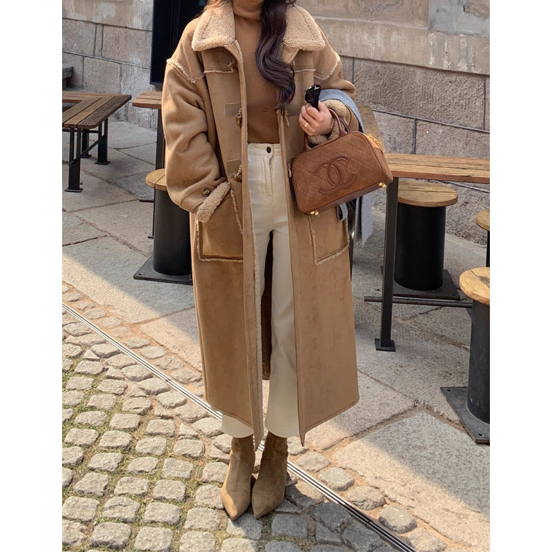 Hooded Faux Suede Lambswool Coat Thickened Long Section Overcoat