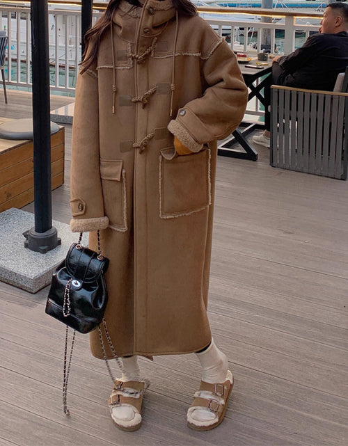 Load image into Gallery viewer, Hooded Faux Suede Lambswool Coat Thickened Long Section Overcoat
