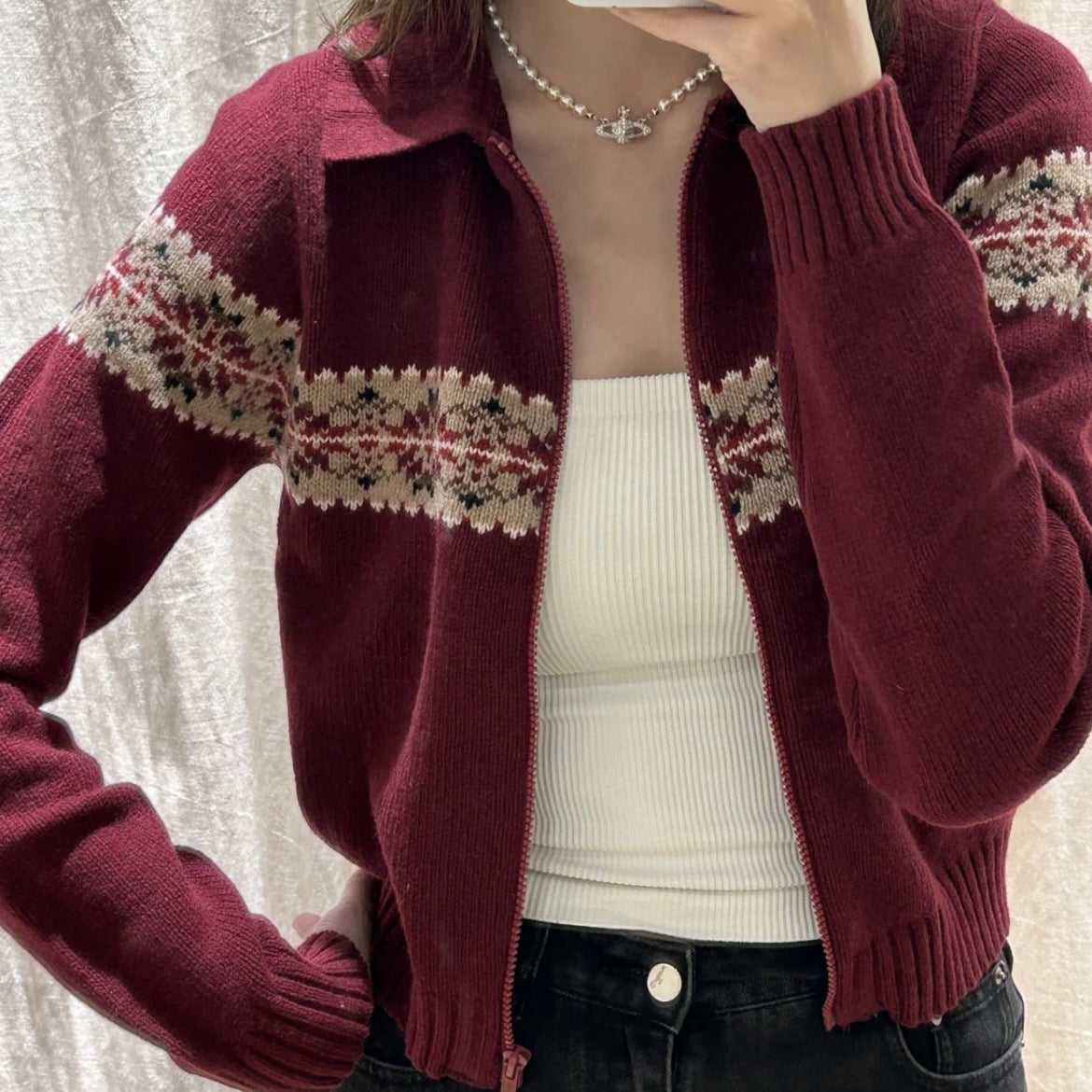 Knitted Sweater Coat Polo Collar