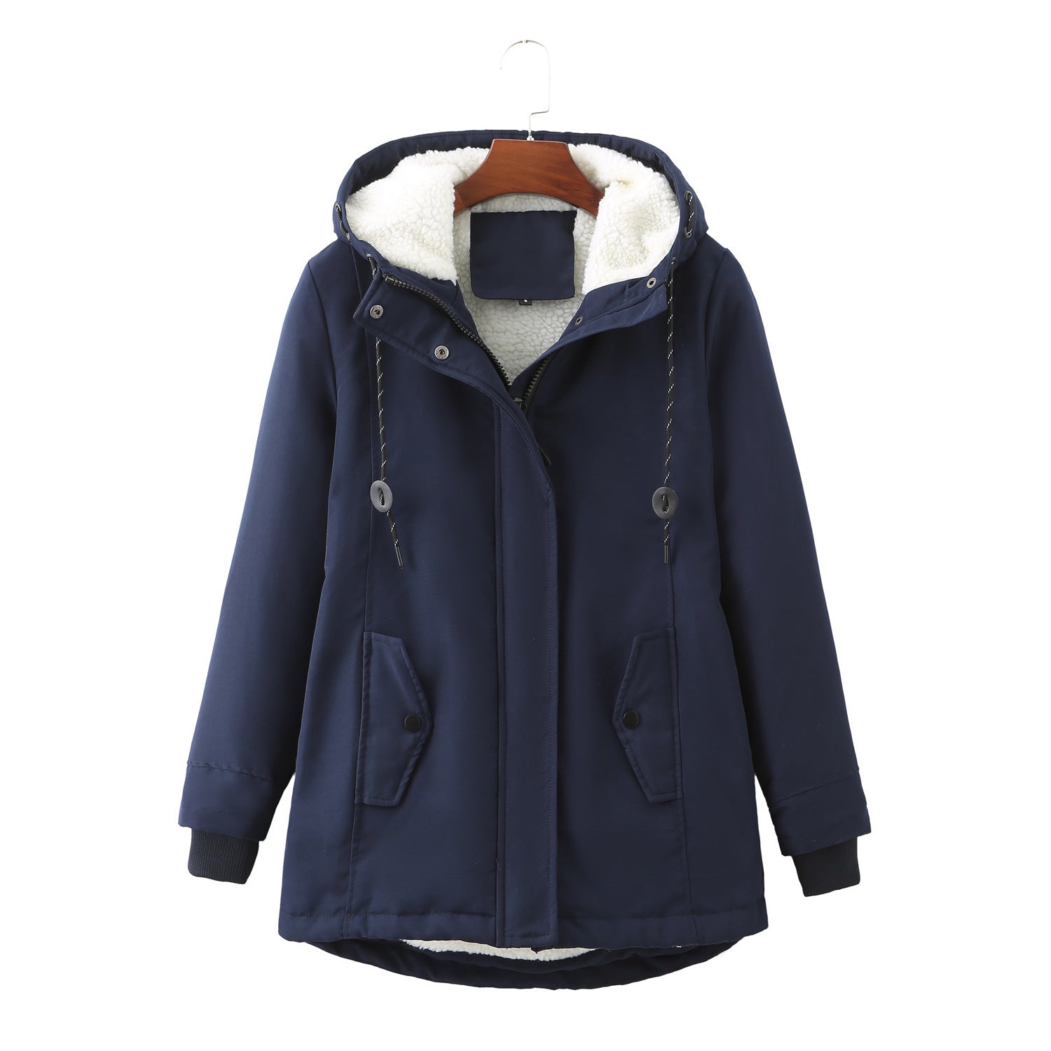 European Size Ladies Hooded Lambswool Parka Winter Warm Waist Women's Cotton-padded Coat