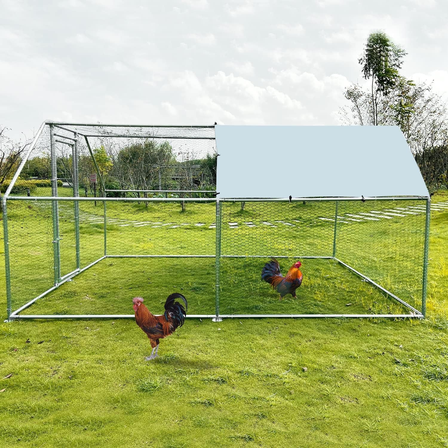 Large Metal Chicken Coop Walk-In Poultry Cage Chicken Run Chicken Pen Flat Roofed Cage with Waterproof and Anti-Ultraviolet Cover for Yard (9.2' L X 12.5' W X 6.4' H)