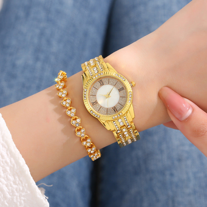 Diamond-embedded Luxury Starry Sky Shell Surface Women's Fashion All-match Elegant Bracelet Set Quartz Watch