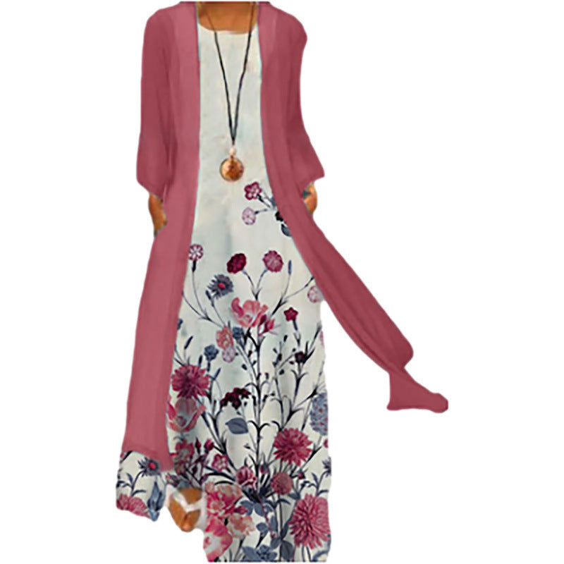 Printed Dress Plus Cardigan Two Pieces