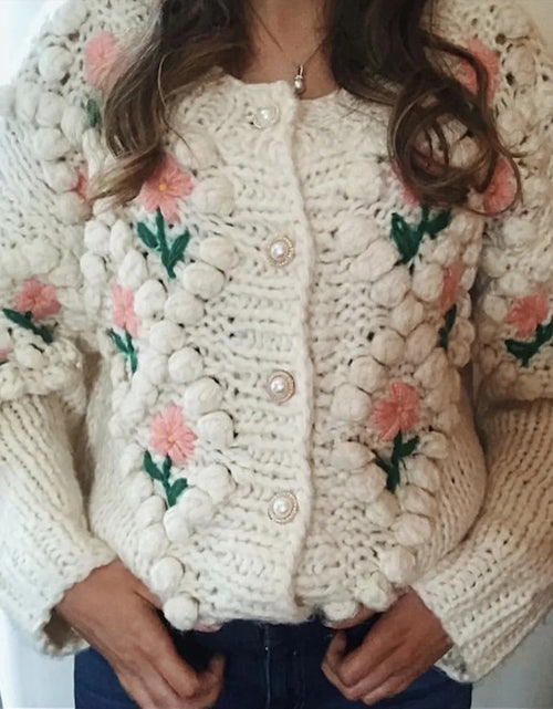 Load image into Gallery viewer, Handmade Crocheted Embroidery Twist Pearl Buckle Knitted Sweater Cardigan Coat
