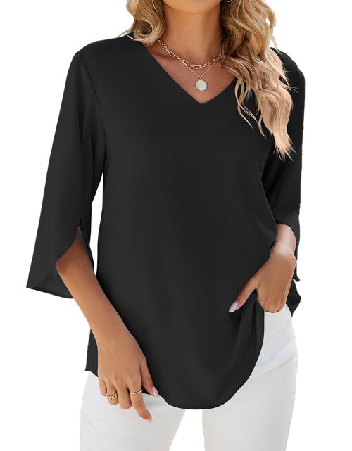 Load image into Gallery viewer, Women&#39;s Fashion Solid Color And V-neck Half Sleeves Loose Chiffon Blouse Top
