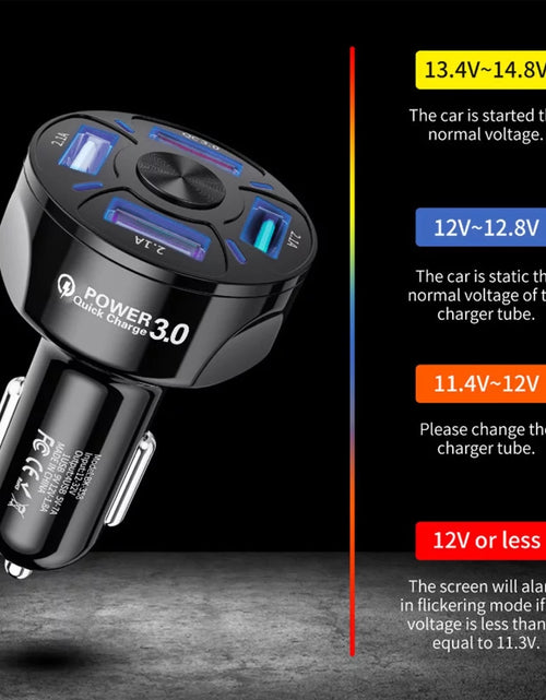 Load image into Gallery viewer, 4-Port USB Car Charger, QC3.0 Fast Charging 4 USB Car Charger Adapter 7A Smart Shunt Car Phone Charger with Light, Suitable for Iphone &amp; Android,Samsung Galaxy S10 S9 Plus
