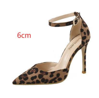 Load image into Gallery viewer, European And American Hollowed Sandals Women&#39;s Word With Pointed Toe Stiletto Leopard Print
