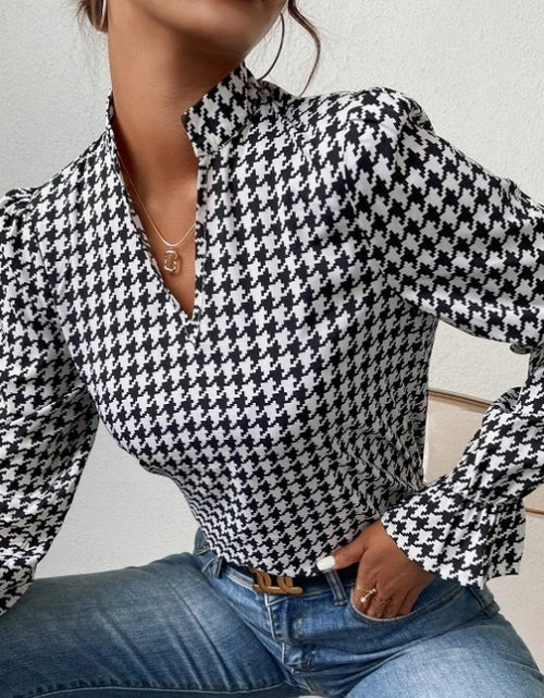 Load image into Gallery viewer, Houndstooth V-neck Long Sleeve Top Women
