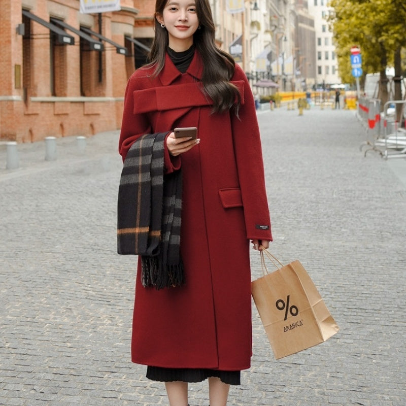 Women's Red Bowknot Woolen Coat Autumn Winter New Coat