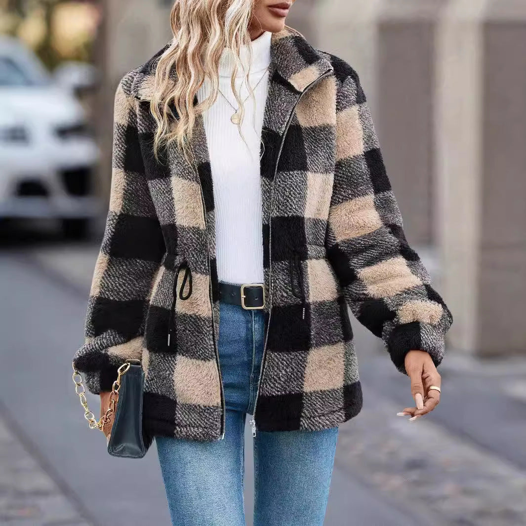 European And American Plush Women's Clothing Jacket Long-sleeved Plaid Lapel Zipper With Pocket