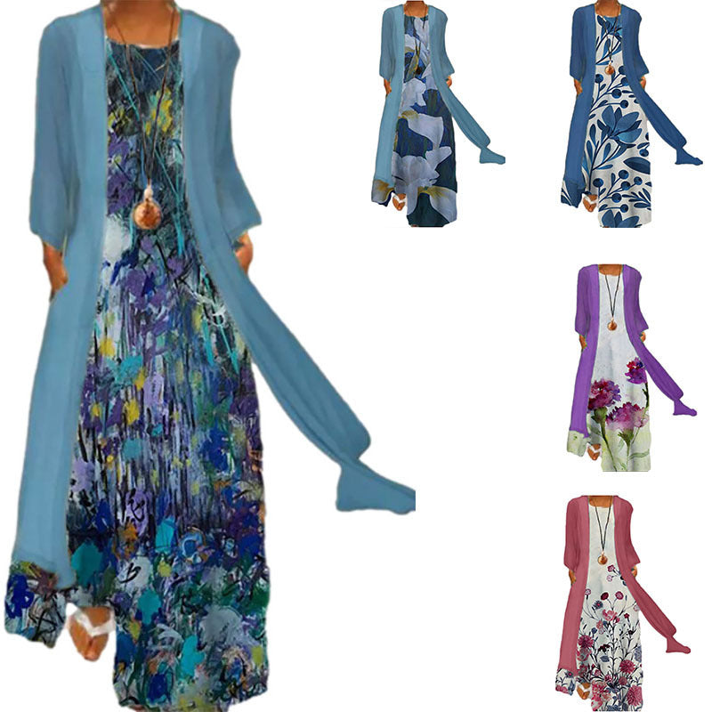 Printed Dress Plus Cardigan Two Pieces