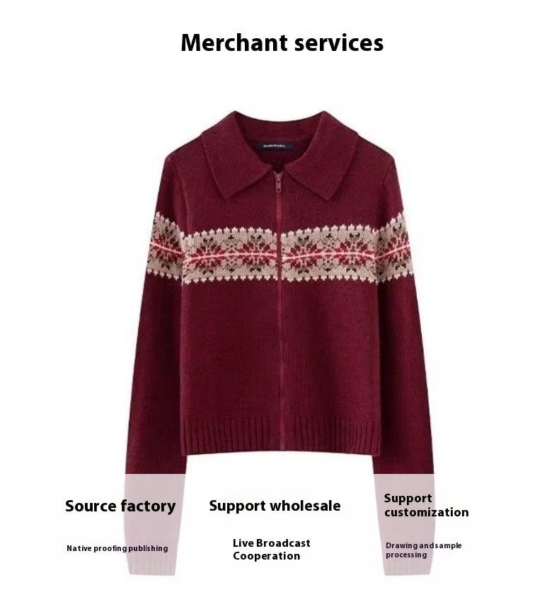 Knitted Sweater Coat Polo Collar