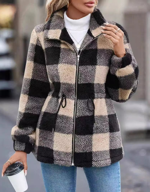 Load image into Gallery viewer, European And American Plush Women&#39;s Clothing Jacket Long-sleeved Plaid Lapel Zipper With Pocket
