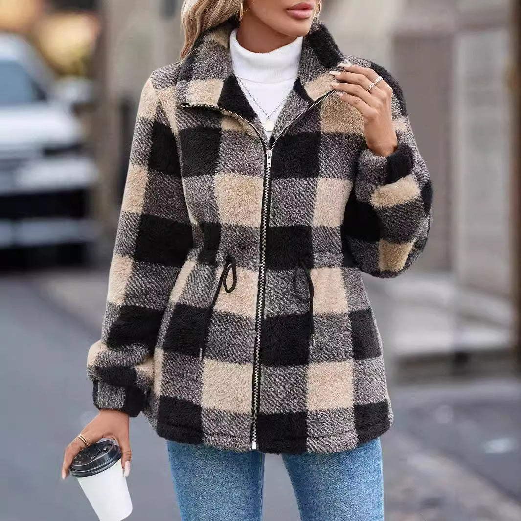 European And American Plush Women's Clothing Jacket Long-sleeved Plaid Lapel Zipper With Pocket