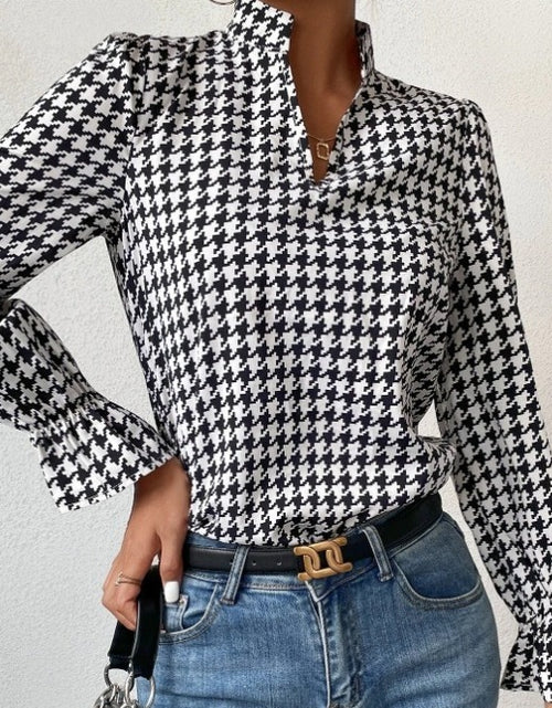 Load image into Gallery viewer, Houndstooth V-neck Long Sleeve Top Women
