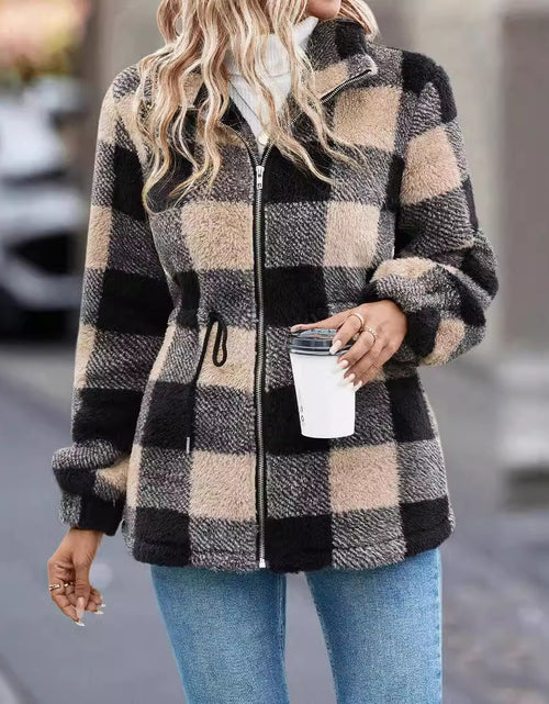 Load image into Gallery viewer, European And American Plush Women&#39;s Clothing Jacket Long-sleeved Plaid Lapel Zipper With Pocket
