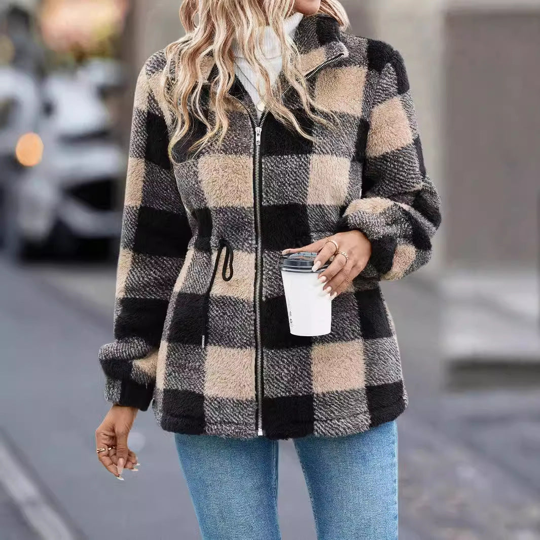 European And American Plush Women's Clothing Jacket Long-sleeved Plaid Lapel Zipper With Pocket