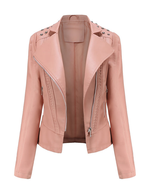 Load image into Gallery viewer, Beaded Leather Women&#39;s Long-sleeved Fashion Jacket Lapel Motorcycle Clothing Thin Women&#39;s Jacket
