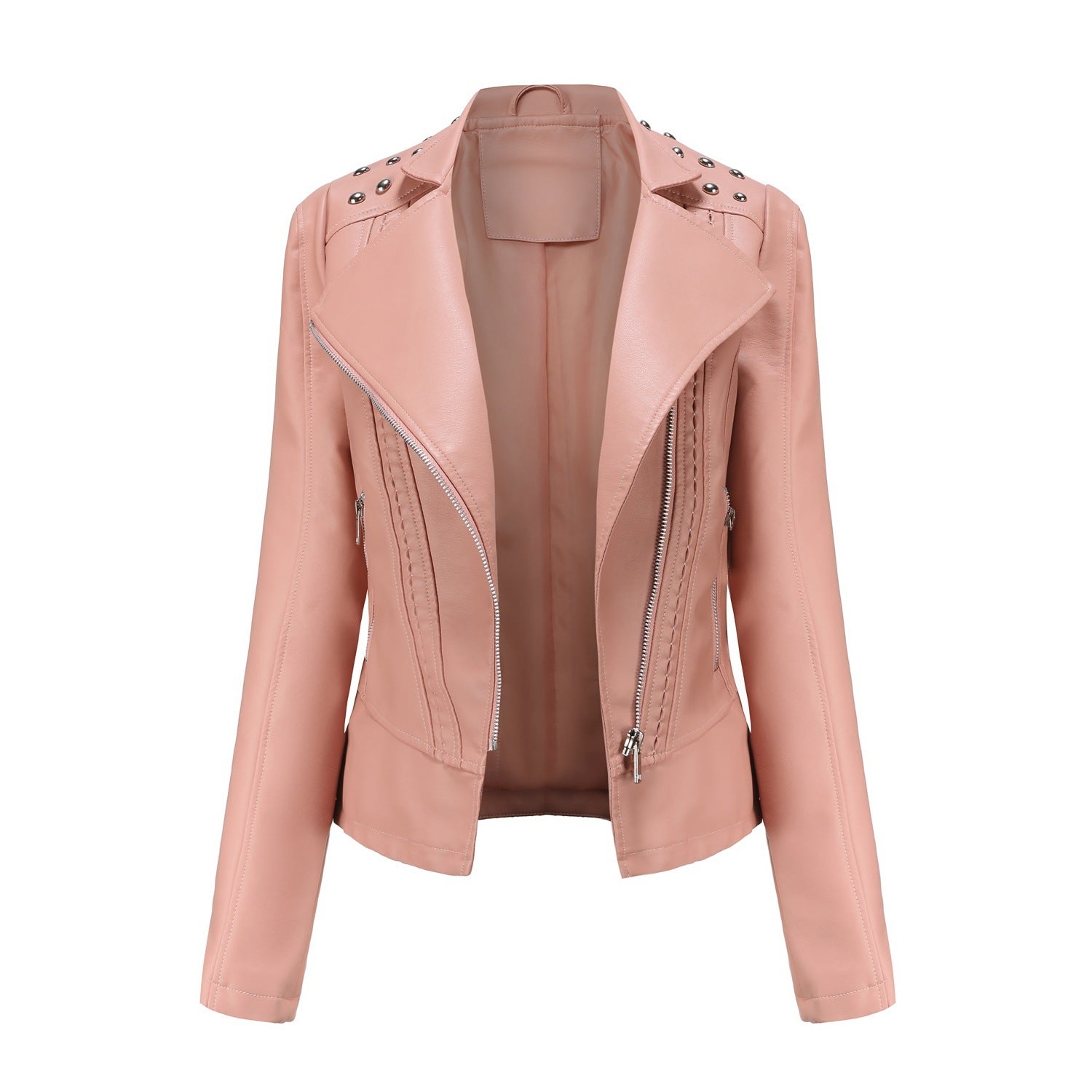 Beaded Leather Women's Long-sleeved Fashion Jacket Lapel Motorcycle Clothing Thin Women's Jacket