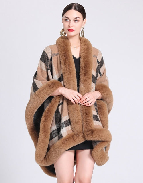 Load image into Gallery viewer, Imitation Rex Rabbit Fur Collar Cape And Shawl Loose Jacquard Knitted Cardigan Cape Coat
