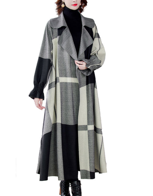 Load image into Gallery viewer, Women&#39;s Fashion Artistic Elegant Suit Collar Mid-length Thin Plaid Woolen Trench Coat
