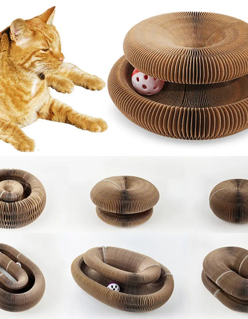 Load image into Gallery viewer, Magic Organ Foldable Cat Scratch Board Toy with Bell Cat Grinding Claw Cat Climbing Frame round Corrugated Cats Interactive Toys
