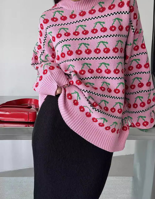 Load image into Gallery viewer, Round Neck Cherry Sweater Mid-length Retro
