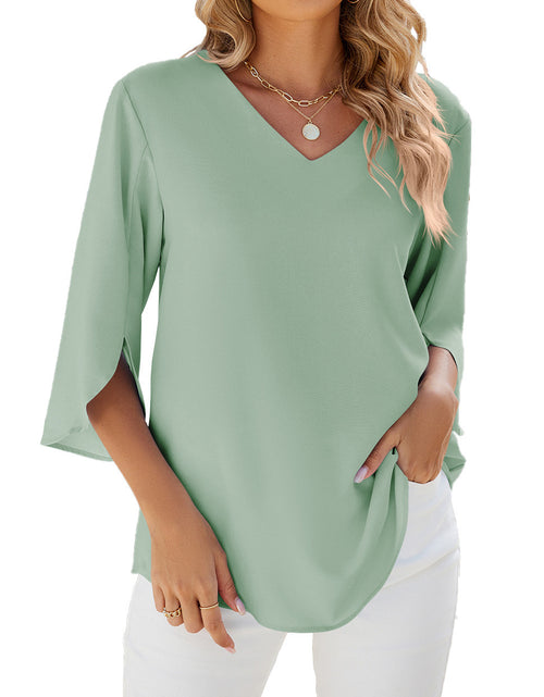 Load image into Gallery viewer, Women&#39;s Fashion Solid Color And V-neck Half Sleeves Loose Chiffon Blouse Top
