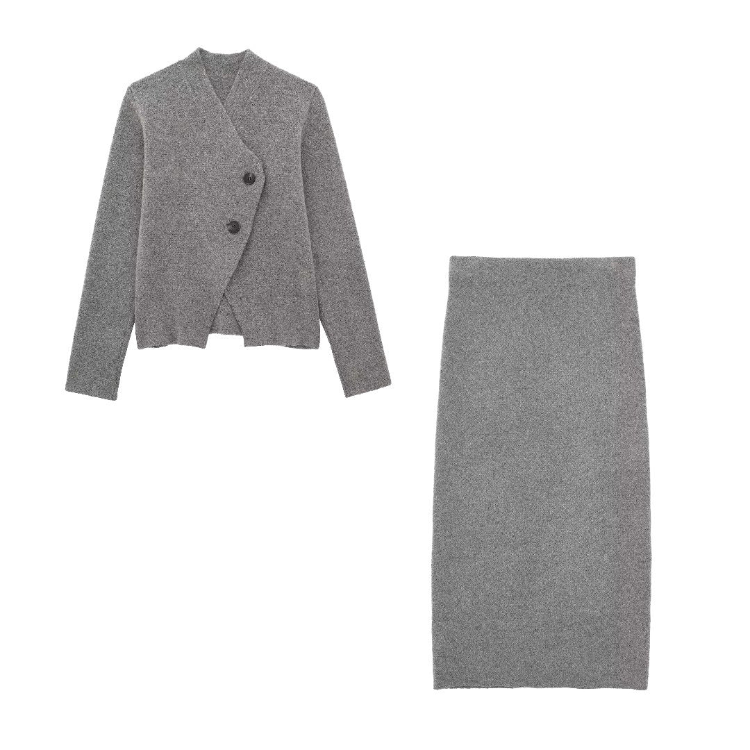 Knitted Double Breasted Coat Straight Skirt