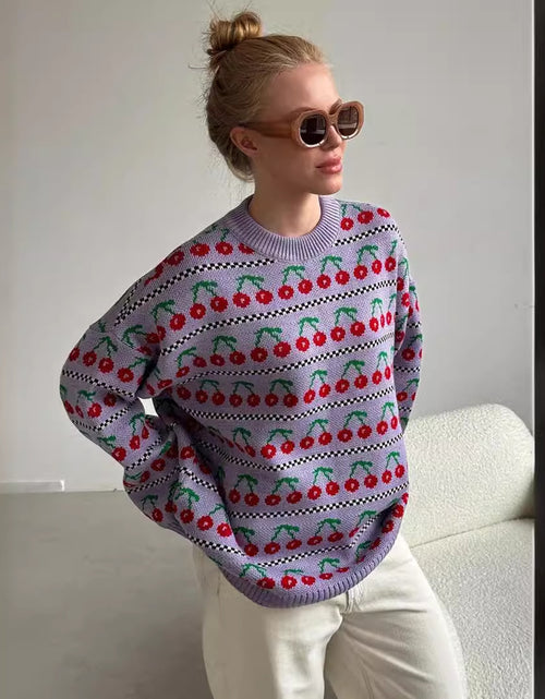 Load image into Gallery viewer, Round Neck Cherry Sweater Mid-length Retro
