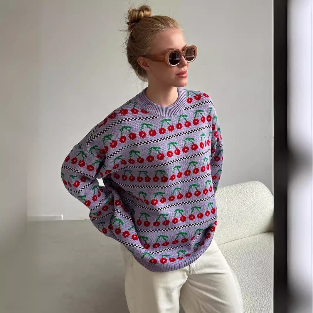 Round Neck Cherry Sweater Mid-length Retro