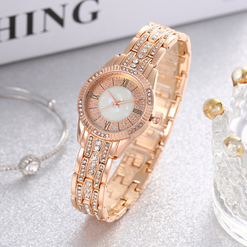 Diamond-embedded Luxury Starry Sky Shell Surface Women's Fashion All-match Elegant Bracelet Set Quartz Watch