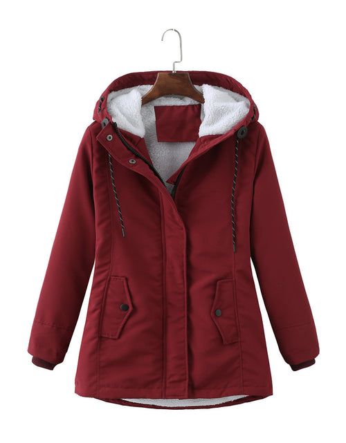 Load image into Gallery viewer, European Size Ladies Hooded Lambswool Parka Winter Warm Waist Women&#39;s Cotton-padded Coat
