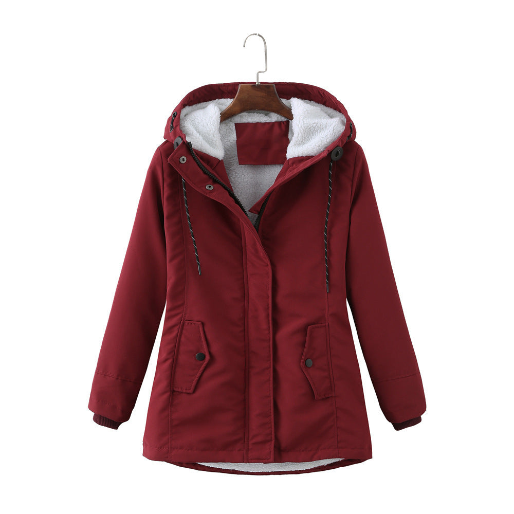 European Size Ladies Hooded Lambswool Parka Winter Warm Waist Women's Cotton-padded Coat