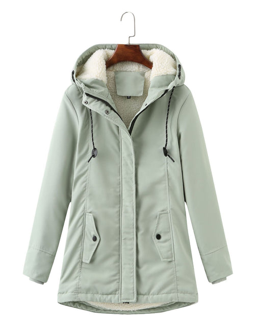 Load image into Gallery viewer, European Size Ladies Hooded Lambswool Parka Winter Warm Waist Women&#39;s Cotton-padded Coat
